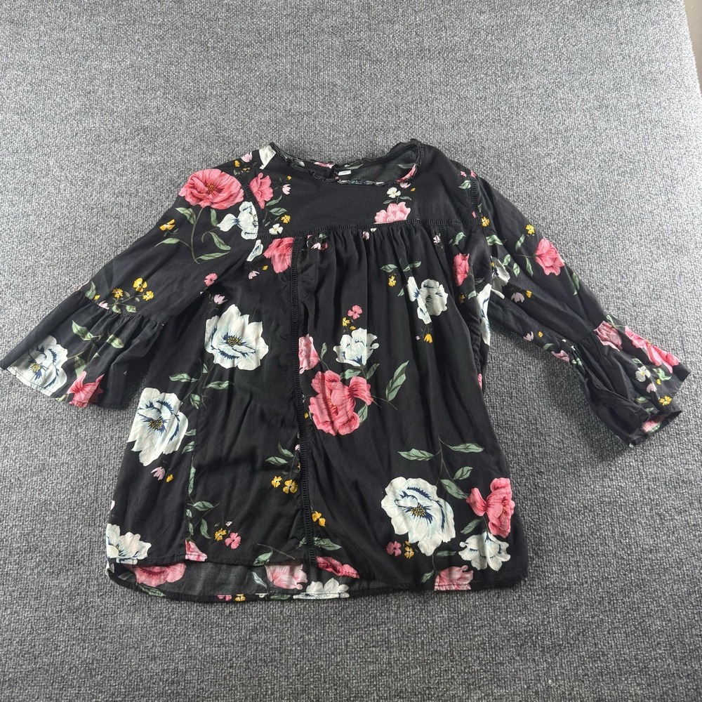 Old Navy Blouse Womens L Black Floral Scoop Neck 3/4 Bell Sleeve Top Cottagecore
